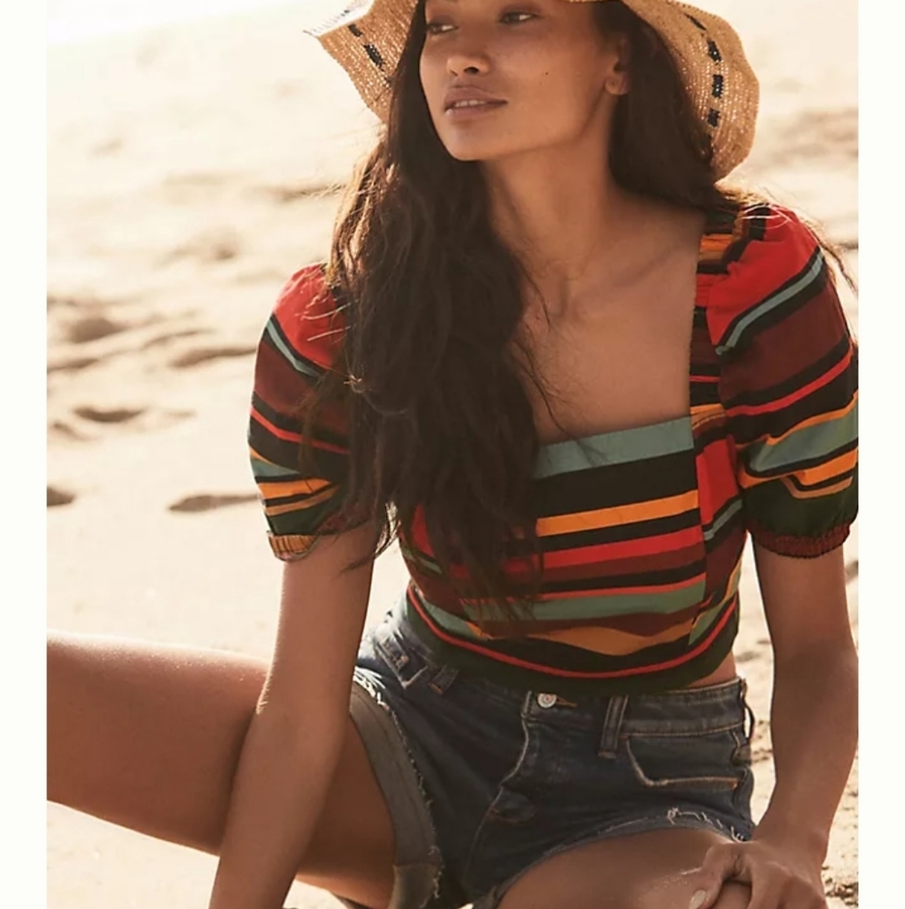 FARM Rio Ari Crop Blouse Puff Sleeve Multi Stripe S